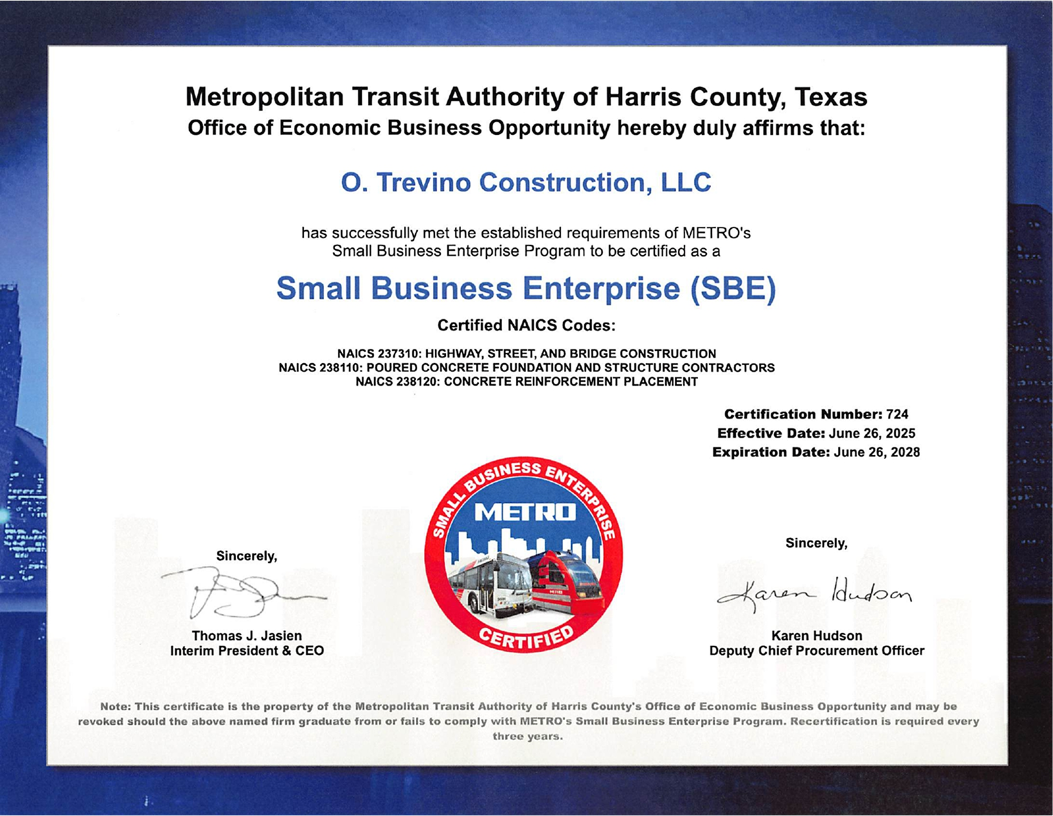 Official SBE Certification for Construction Company