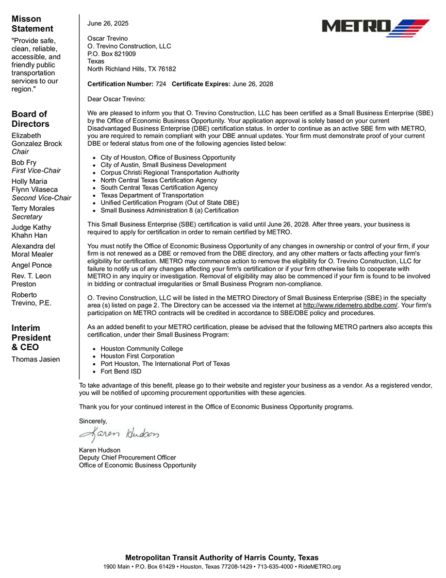 Certificate letter for small business enterprise